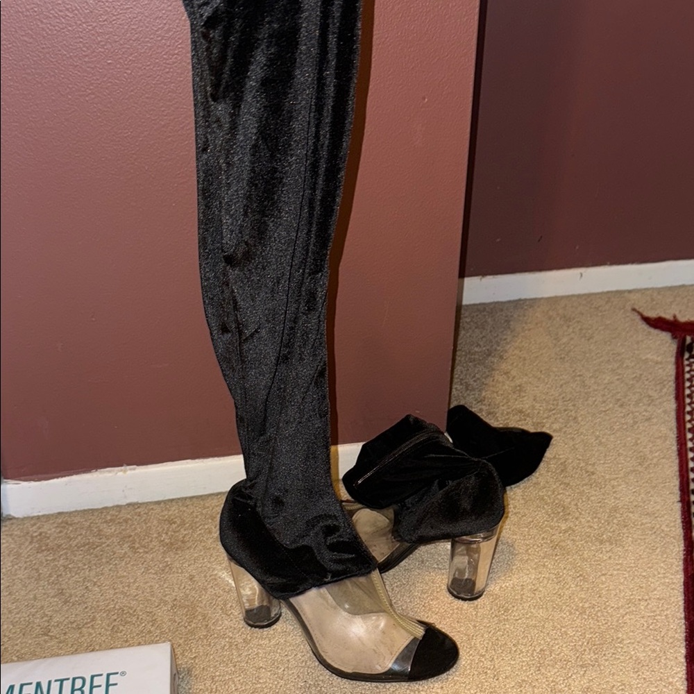 Black Velvet Over-the-Knee Boots with Clear Heels (worn once fits 9)